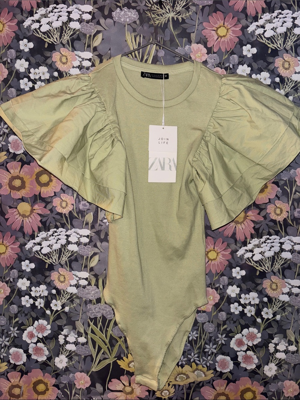 ZARA Light Green Ruffle-Sleeve Bodysuit